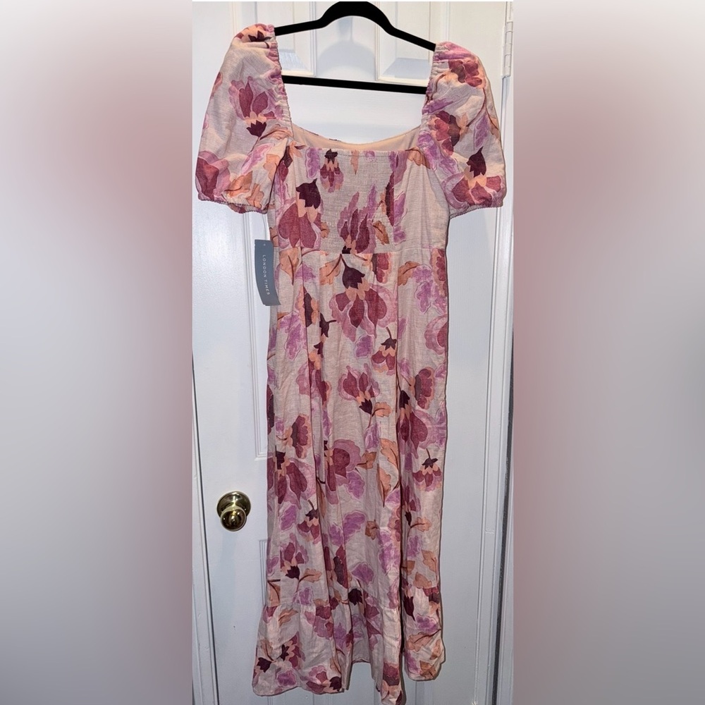 London Times Pink Floral Square-neck Puff Sleeve Empire Waist Midi Dress - Picture 2 of 9
